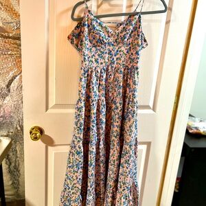 Floral Spaghetti Strap Maxi Dress 4 tier waist down fabric covered buttons front